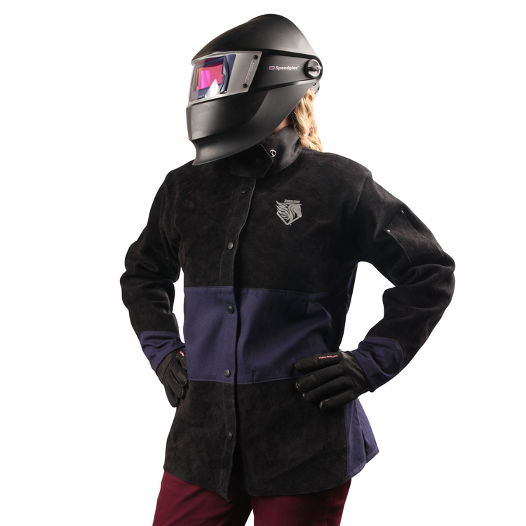 Women Wearing welding jacket and welding helmet