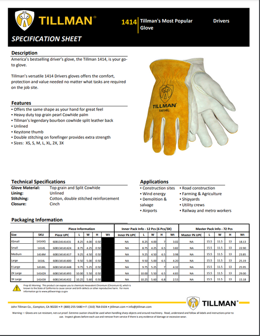 Tillman Top Grain Cowhide Drivers Gloves - 1414