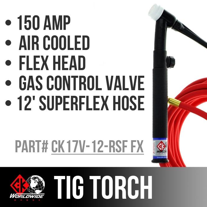 Load image into Gallery viewer, CK Worldwide | TIG Torch - #17 Style W/ Gas control valve - (CK17V-12-RSF FX)W/ 12.5ft Super Flex cable
